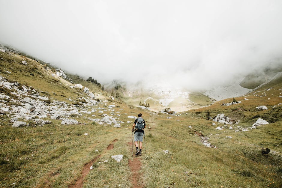 Wanderer mit Rucksack auf einem Bergpfad in den Alpen